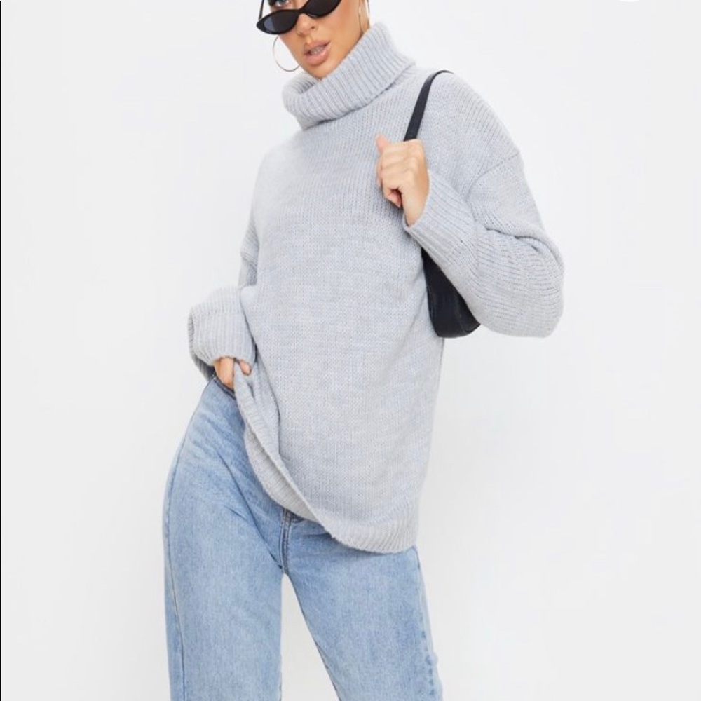 Grey High Neck Fluffy Knit Jumper